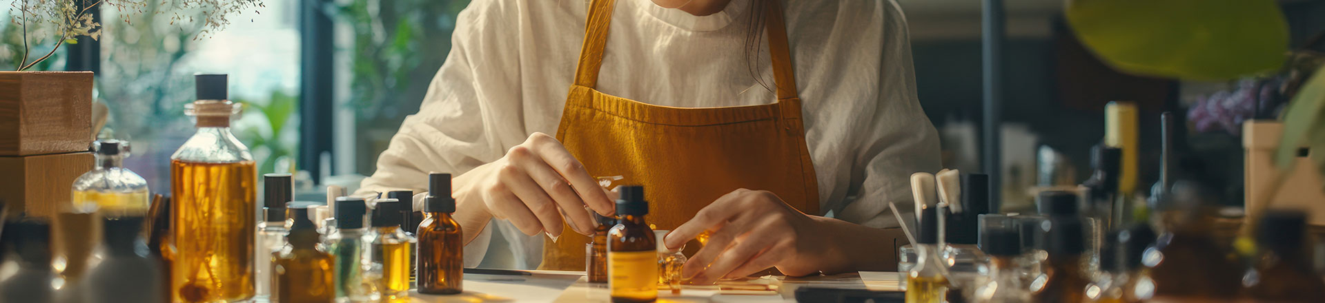 Une femme fait une composition avec des huiles essentielles