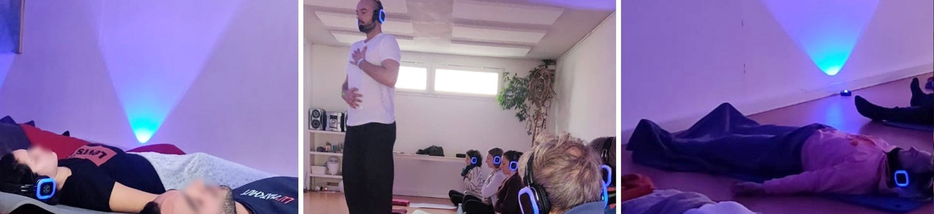 des personnes sont en atelier respiration avec des casques
