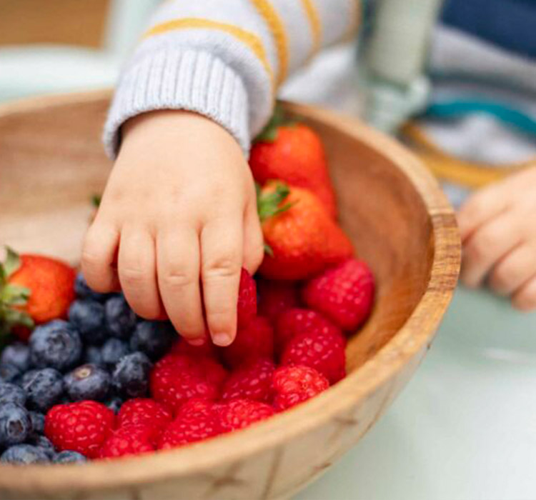 main d'enfant qui prend une fraise dans une saladier