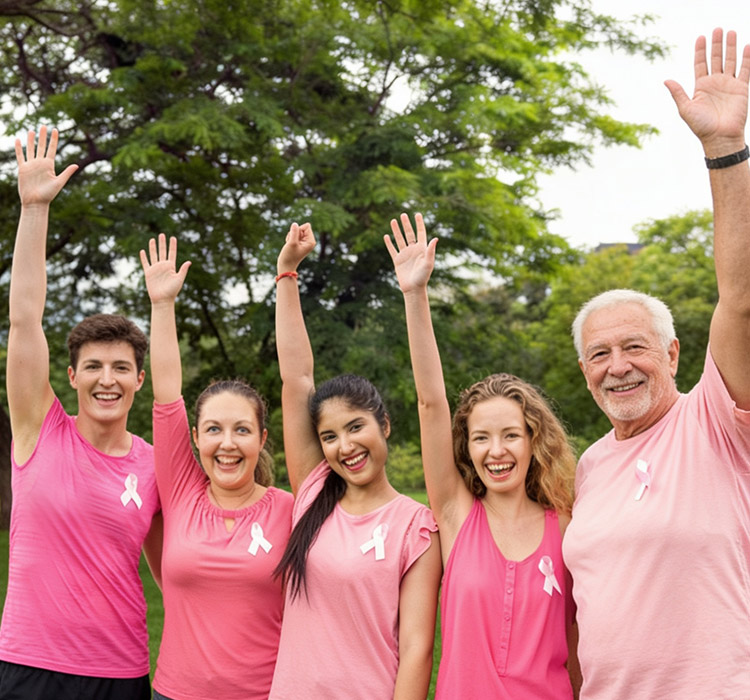 Un groupe de personnes en rose levant les mains